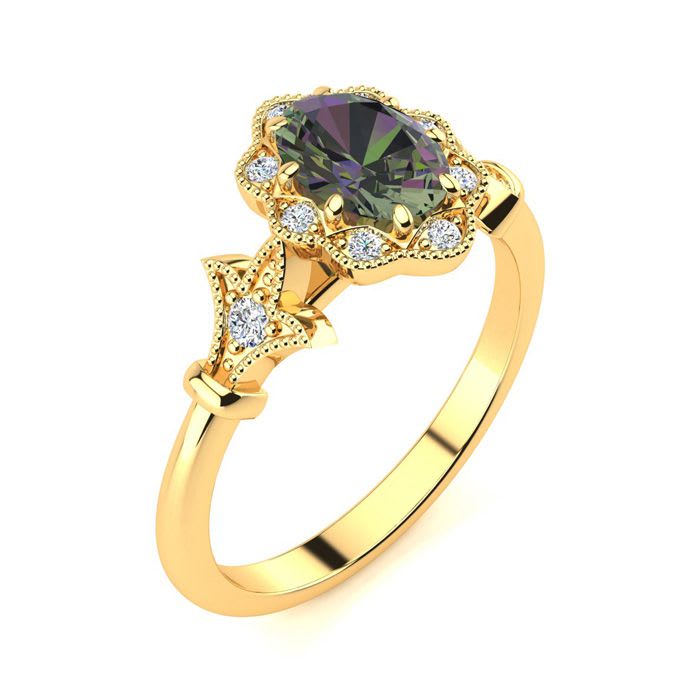 3/4 Carat Oval Shape Mystic Topaz and Halo Diamond Vintage Ring In 14 Karat Yellow Gold