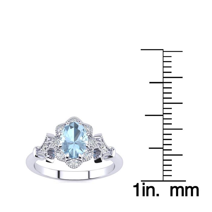 Aquamarine Ring: Aquamarine Jewelry: 1 Carat Oval Shape Aquamarine and Halo Diamond Vintage Ring In 14 Karat White Gold