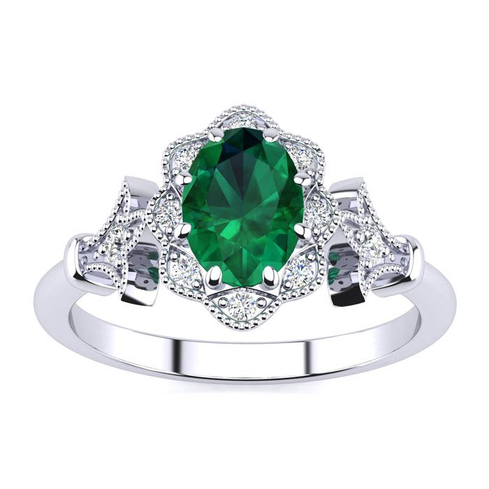 1 Carat Oval Shape Emerald and Halo Diamond Vintage Ring In 14 Karat White Gold