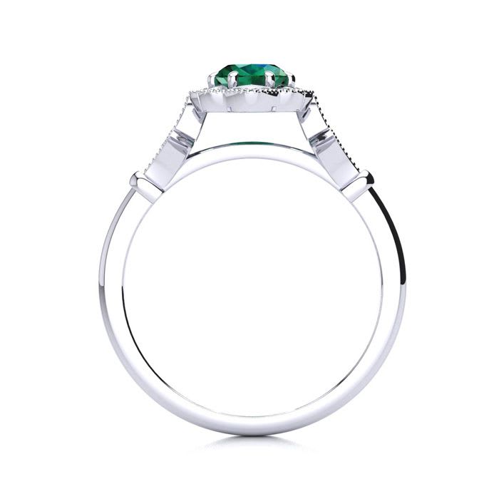 1 Carat Oval Shape Emerald and Halo Diamond Vintage Ring In 14 Karat White Gold