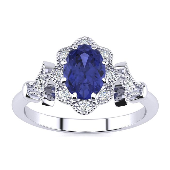 1 Carat Oval Shape Tanzanite and Halo Diamond Vintage Ring In 14 Karat White Gold