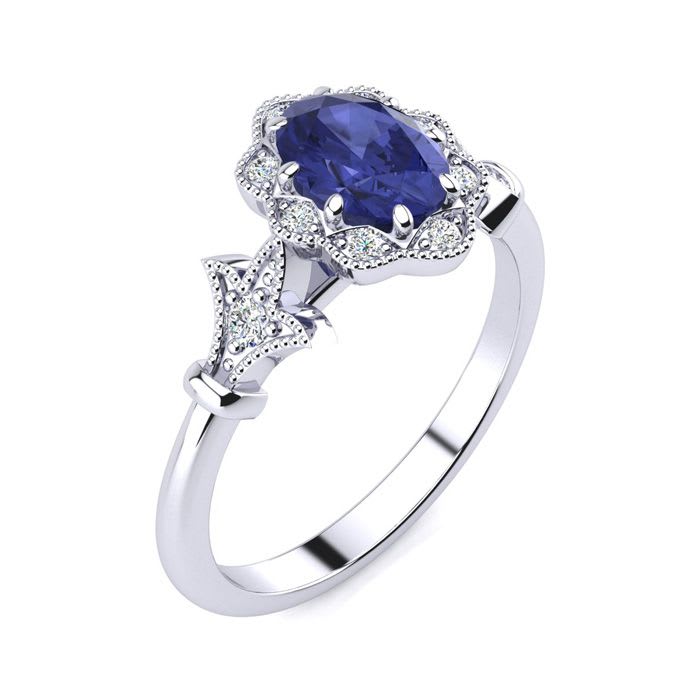1 Carat Oval Shape Tanzanite and Halo Diamond Vintage Ring In 14 Karat White Gold