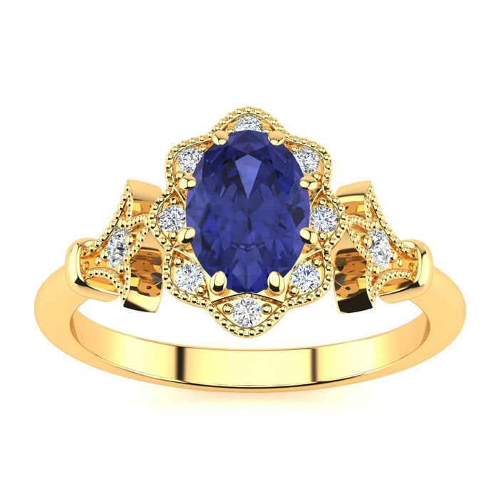 1 Carat Oval Shape Tanzanite and Halo Diamond Vintage Ring In 14 Karat Yellow Gold