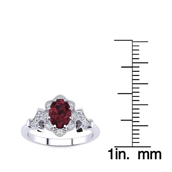 Garnet Ring: Garnet Jewelry: 1 Carat Oval Shape Garnet and Halo Diamond Vintage Ring In 14 Karat White Gold