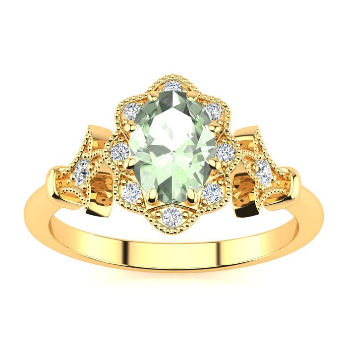 3/4 Carat Oval Shape Green Amethyst and Halo Diamond Vintage Ring In 14 Karat Yellow Gold