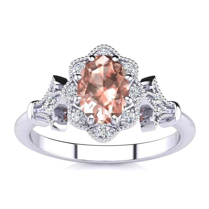 1 Carat Oval Shape Morganite and Halo Diamond Vintage Ring In 14 Karat White Gold