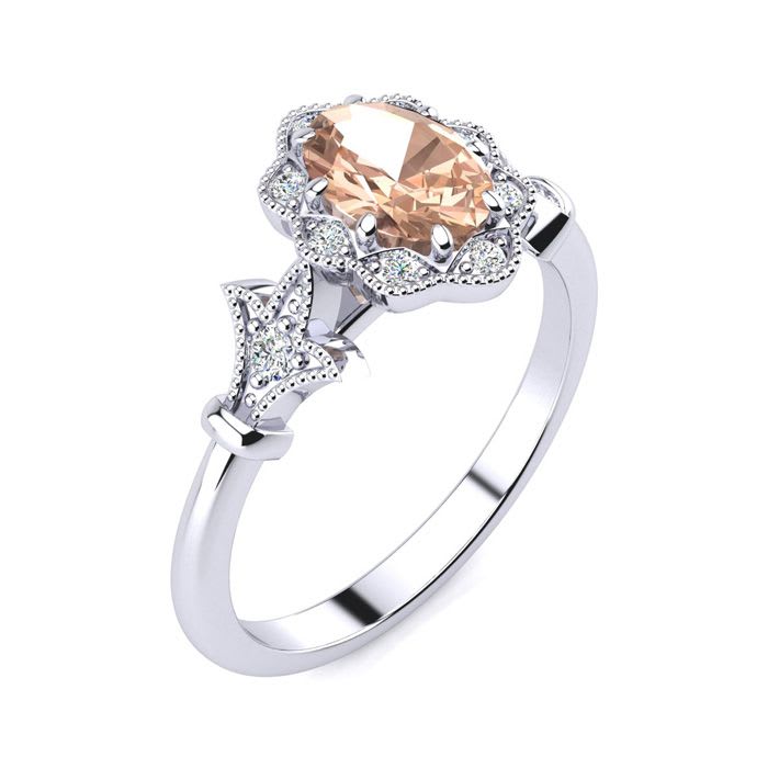 1 Carat Oval Shape Morganite and Halo Diamond Vintage Ring In 14 Karat White Gold