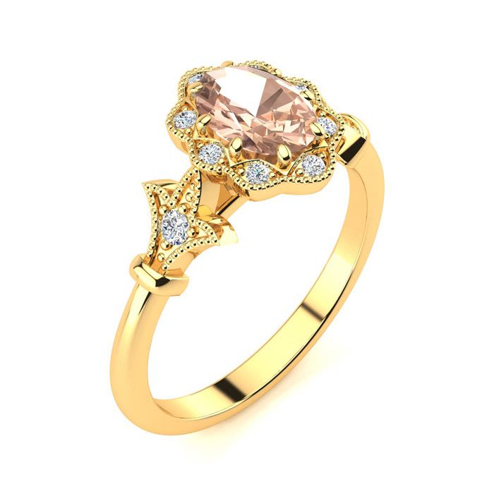 1 Carat Oval Shape Morganite and Halo Diamond Vintage Ring In 14 Karat Yellow Gold