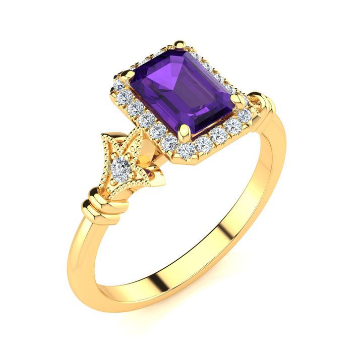 1 Carat Amethyst and Halo Diamond Vintage Ring In 14 Karat Yellow Gold