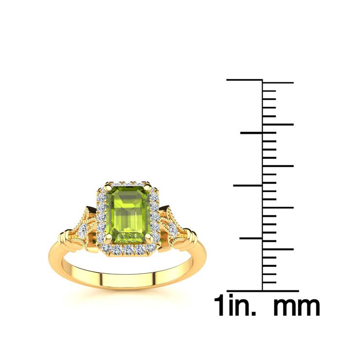 1 1/2 Carat Peridot and Halo Diamond Vintage Ring In 14 Karat Yellow Gold