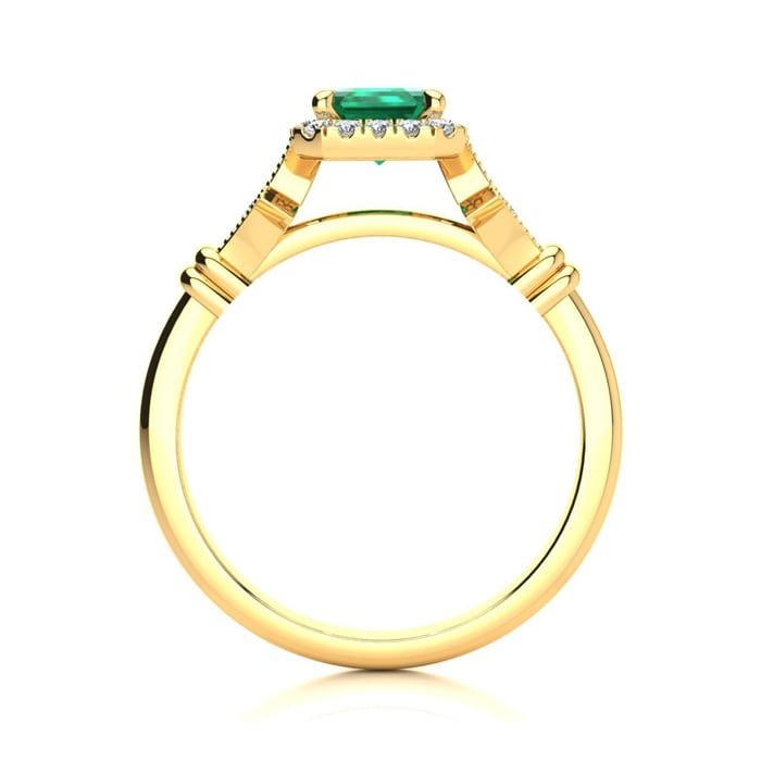 1 Carat Emerald and Halo Diamond Vintage Ring In 14 Karat Yellow Gold