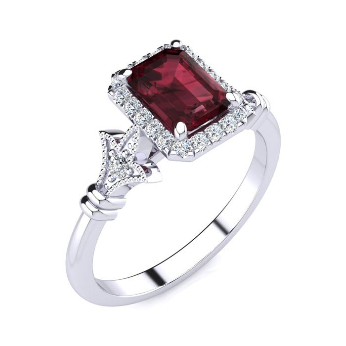 Garnet Ring: Garnet Jewelry: 1 1/2 Carat Garnet and Halo Diamond Vintage Ring In 14 Karat White Gold