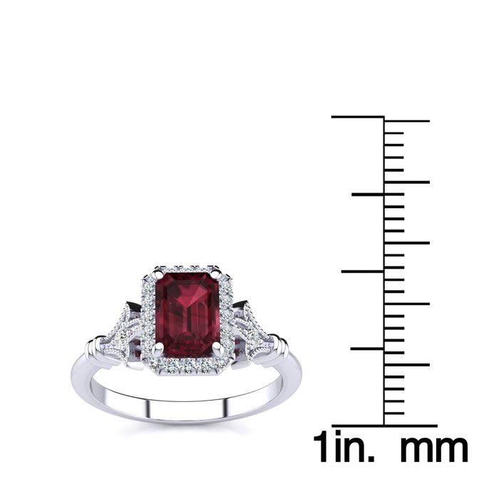Garnet Ring: Garnet Jewelry: 1 1/2 Carat Garnet and Halo Diamond Vintage Ring In 14 Karat White Gold