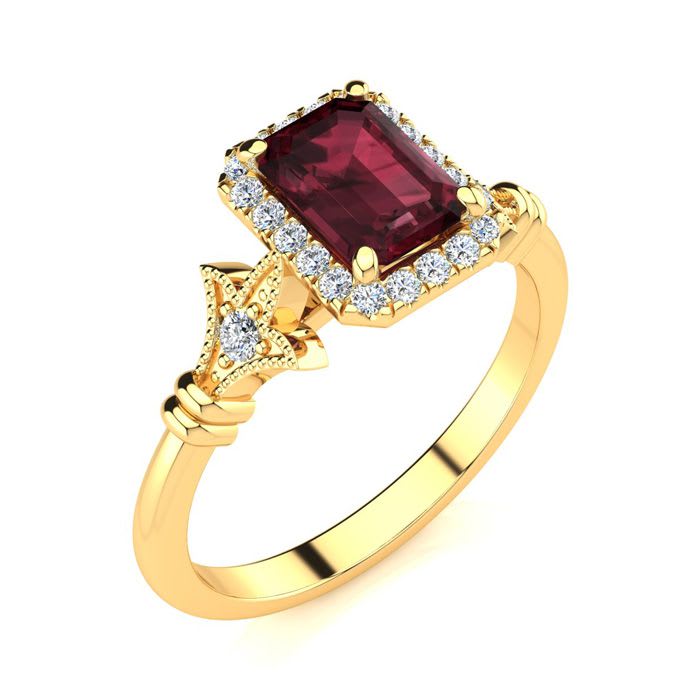 Garnet Ring: Garnet Jewelry: 1 1/2 Carat Garnet and Halo Diamond Vintage Ring In 14 Karat Yellow Gold