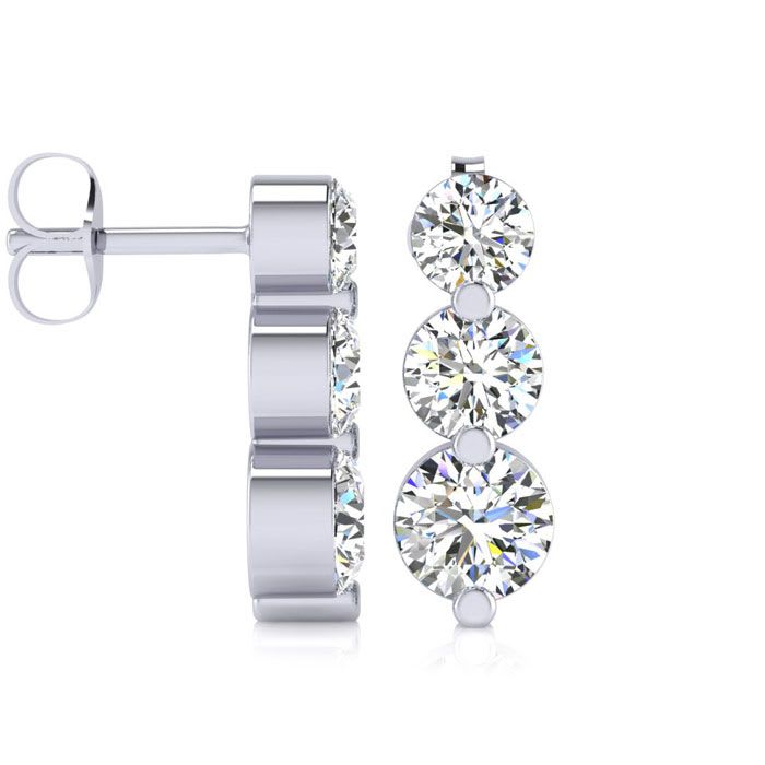 Diamond Drop Earrings: 1ct Three Diamond Graduated Drop Earrings In 14K White Gold