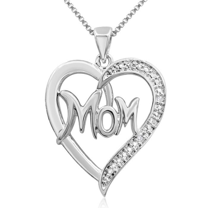 HN Jewels Diamond Accent .925 SterlingMOM Heart Pendant Necklace 18 Mothers Day Gift