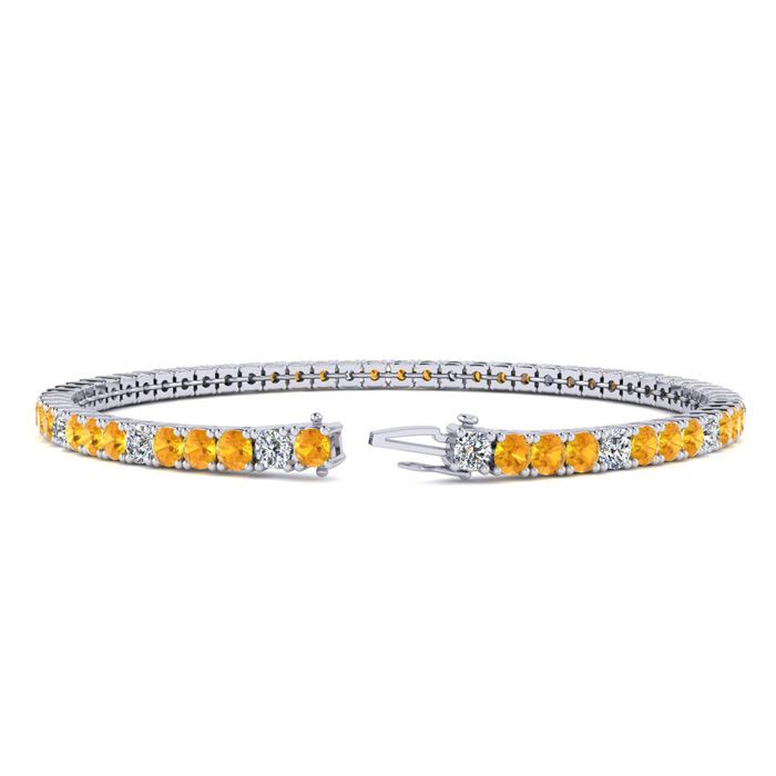 3 Carat Citrine And Diamond Alternating Tennis Bracelet In 14 Karat White Gold, 6 1/2 Inches