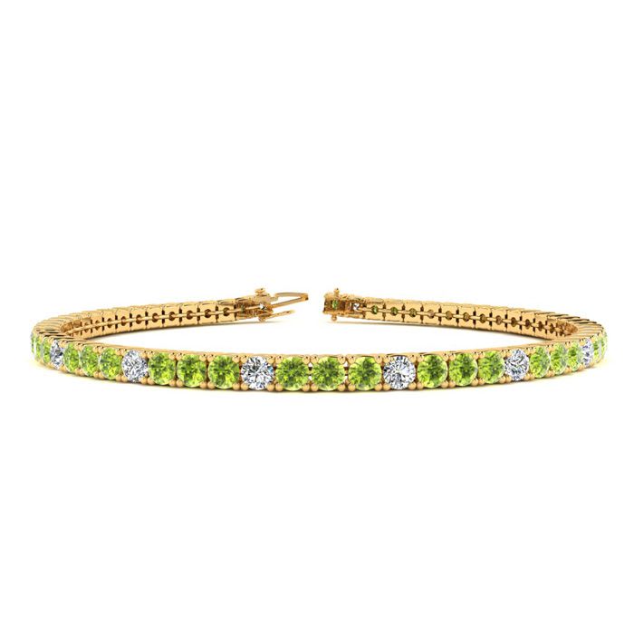 3 Carat Peridot And Diamond Alternating Tennis Bracelet In 14 Karat Yellow Gold, 6 1/2 Inches