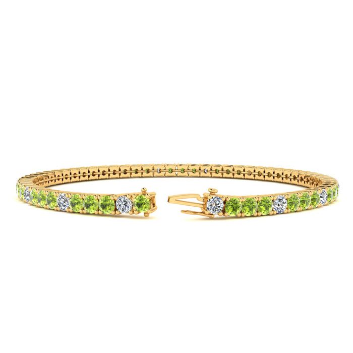 3 Carat Peridot And Diamond Alternating Tennis Bracelet In 14 Karat Yellow Gold, 6 1/2 Inches