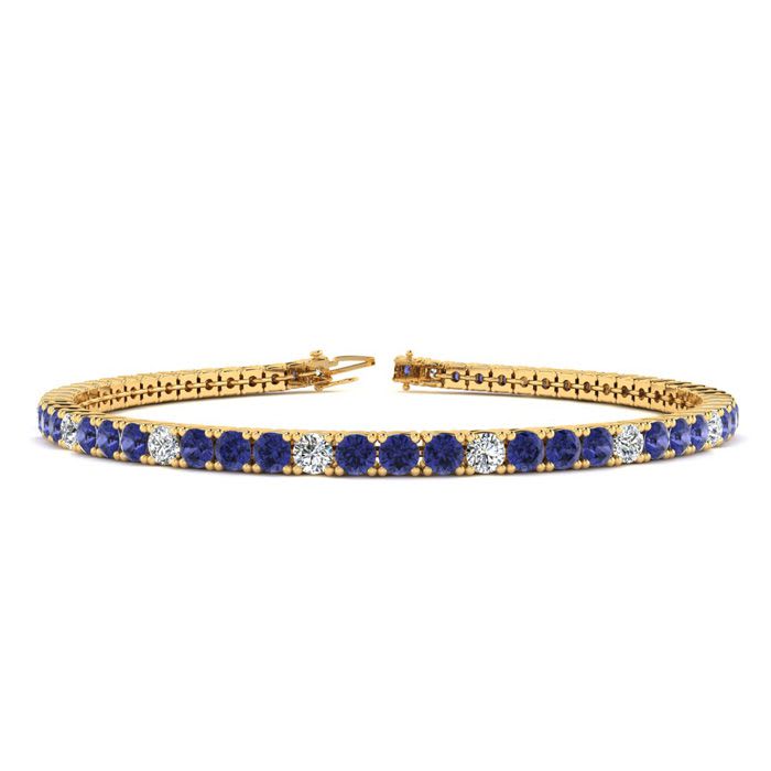 2 1/2 Carat Tanzanite And Diamond Alternating Tennis Bracelet In 14 Karat Yellow Gold, 8 Inches