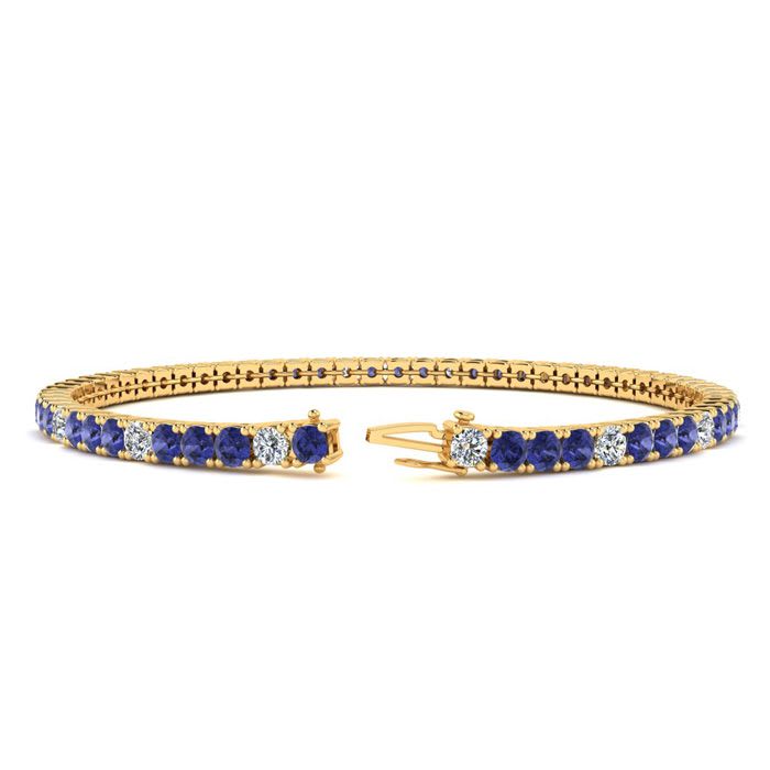 2 1/2 Carat Tanzanite And Diamond Alternating Tennis Bracelet In 14 Karat Yellow Gold, 8 Inches
