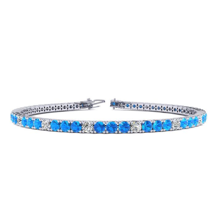 3 Carat Blue Topaz And Diamond Alternating Tennis Bracelet In 14 Karat White Gold, 6 Inches