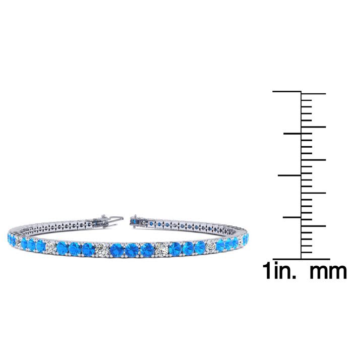 3 Carat Blue Topaz And Diamond Alternating Tennis Bracelet In 14 Karat White Gold, 6 Inches