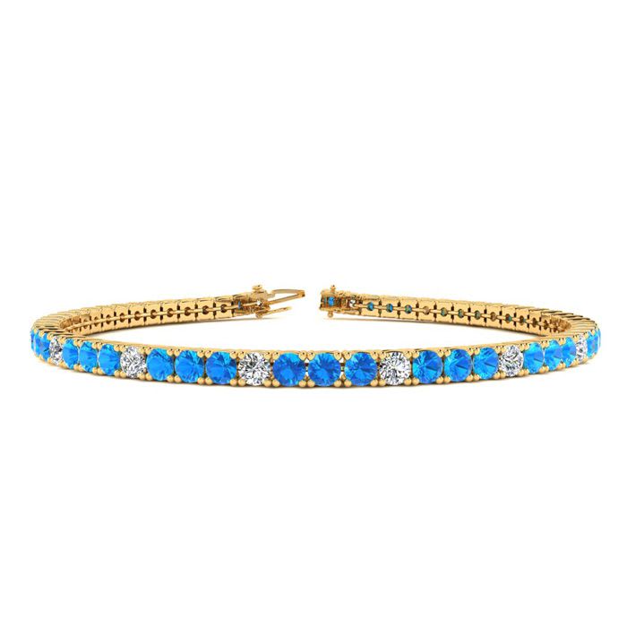 3 Carat Blue Topaz And Diamond Alternating Tennis Bracelet In 14 Karat Yellow Gold, 6 Inches