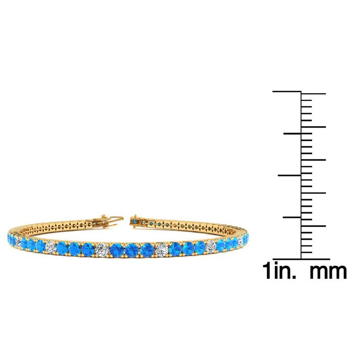 3 Carat Blue Topaz And Diamond Alternating Tennis Bracelet In 14 Karat Yellow Gold, 6 Inches