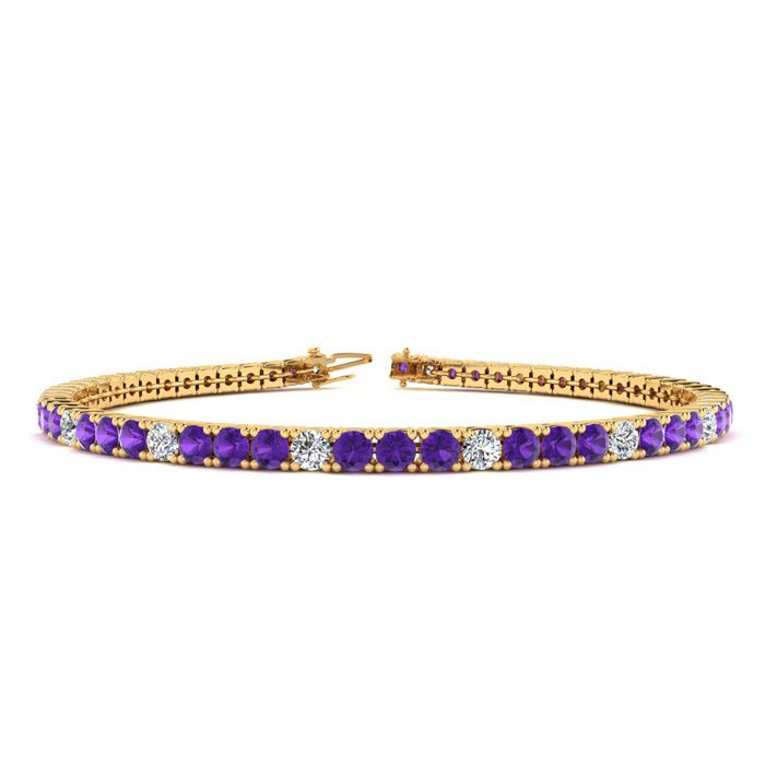 3 1/2 Carat Amethyst And Diamond Alternating Tennis Bracelet In 14 Karat Yellow Gold, 8 Inches