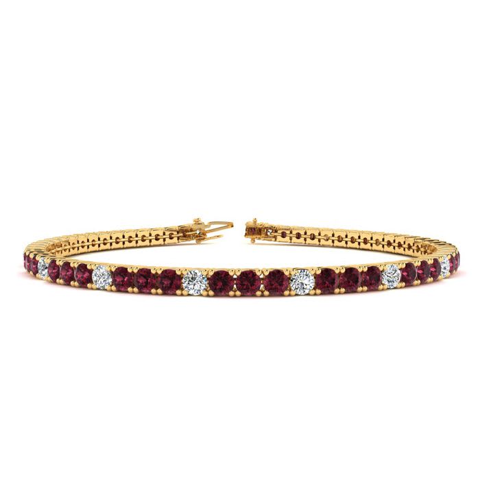 Garnet Bracelet: Garnet Jewelry: 3 1/4 Carat Garnet And Diamond Alternating Tennis Bracelet In 14 Karat Yellow Gold, 7 Inches