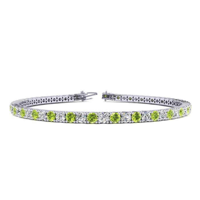 2 1/2 Carat Peridot And Diamond Tennis Bracelet In 14 Karat White Gold, 6 Inches