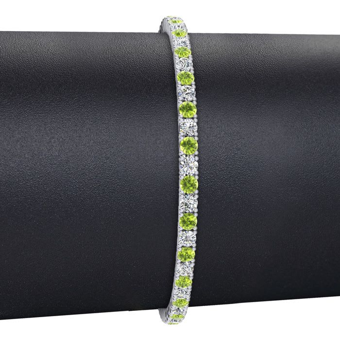 3 Carat Peridot And Diamond Tennis Bracelet In 14 Karat White Gold, 7 Inches