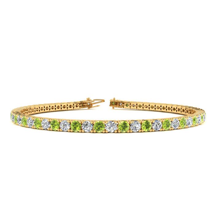 2 3/4 Carat Peridot And Diamond Tennis Bracelet In 14 Karat Yellow Gold, 6 1/2 Inches