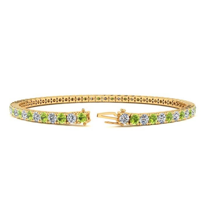 2 3/4 Carat Peridot And Diamond Tennis Bracelet In 14 Karat Yellow Gold, 6 1/2 Inches
