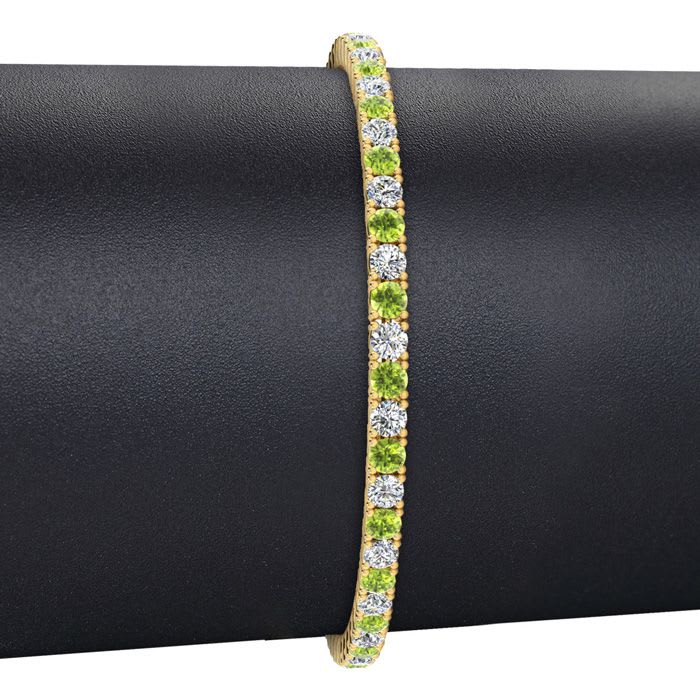 3 2/3 Carat Peridot And Diamond Tennis Bracelet In 14 Karat Yellow Gold, 8 1/2 Inches