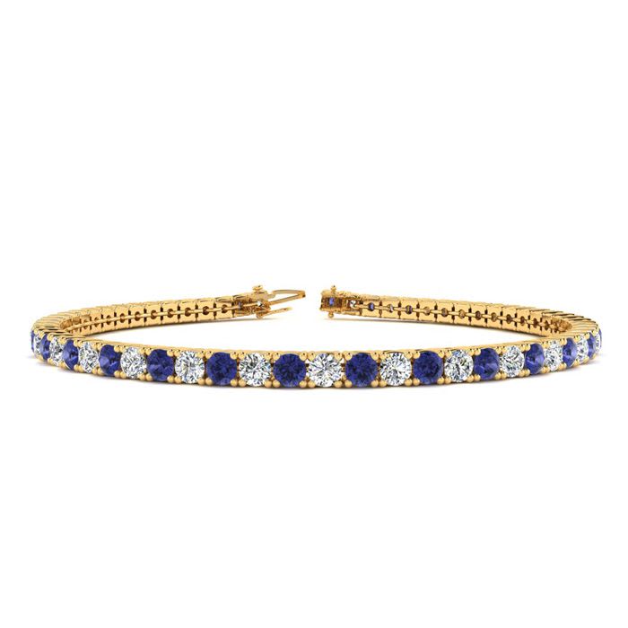 2 3/4 Carat Tanzanite And Diamond Tennis Bracelet In 14 Karat Yellow Gold, 8 1/2 Inches