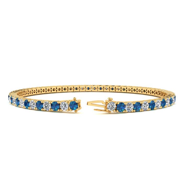 3 1/2 Carat Blue And White Diamond Tennis Bracelet In 14 Karat Yellow Gold, 9 Inches