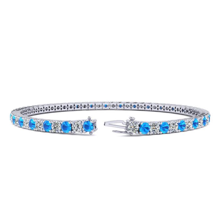 4 Carat Blue Topaz And Diamond Tennis Bracelet In 14 Karat White Gold, 8 1/2 Inches