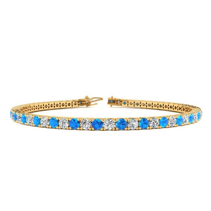 3 Carat Blue Topaz And Diamond Tennis Bracelet In 14 Karat Yellow Gold, 6 1/2 Inches