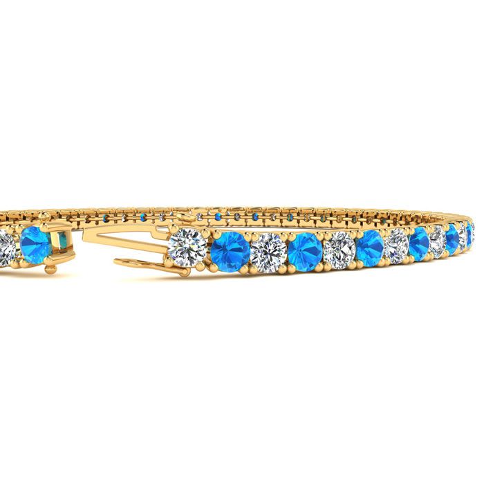 3 1/3 Carat Blue Topaz And Diamond Tennis Bracelet In 14 Karat Yellow Gold, 7 Inches