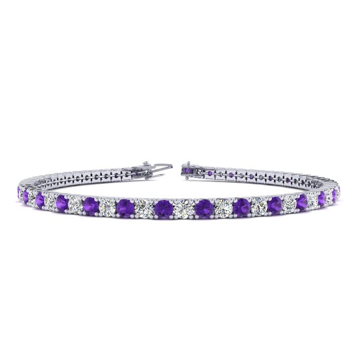 3 1/4 Carat Amethyst And Diamond Tennis Bracelet In 14 Karat White Gold, 7 1/2 Inches