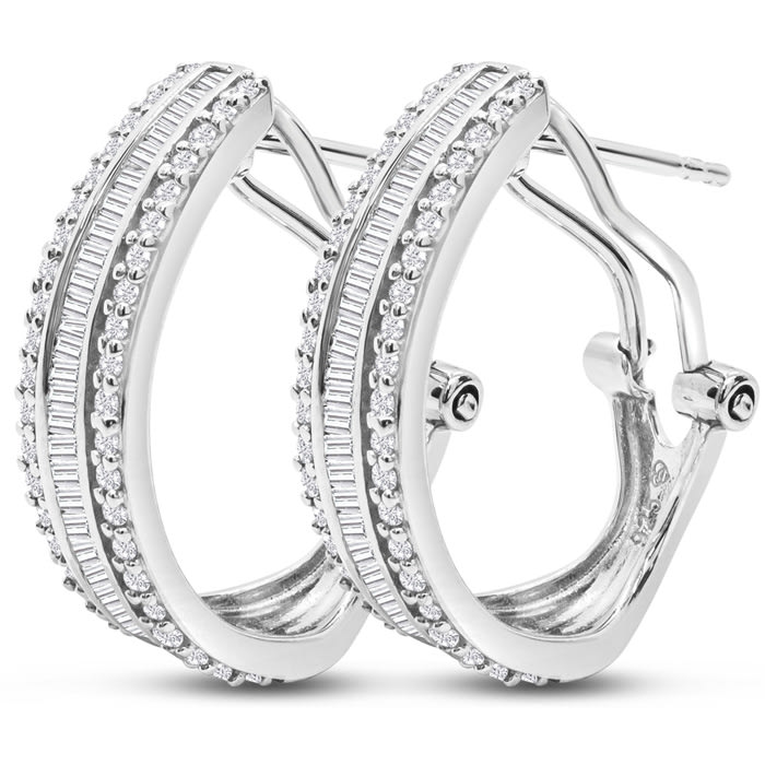1 Carat Baguette and Round Colorless Diamond Hoop Earrings In Sterling Silver. Amazing Looking For A Great Price!