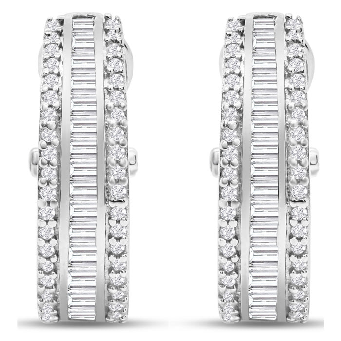 1 Carat Baguette and Round Colorless Diamond Hoop Earrings In Sterling Silver. Amazing Looking For A Great Price!