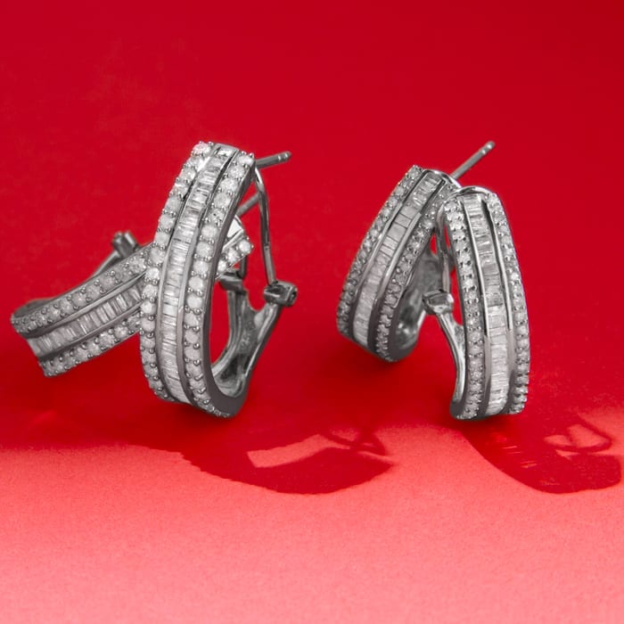 1 Carat Baguette and Round Colorless Diamond Hoop Earrings In Sterling Silver. Amazing Looking For A Great Price!