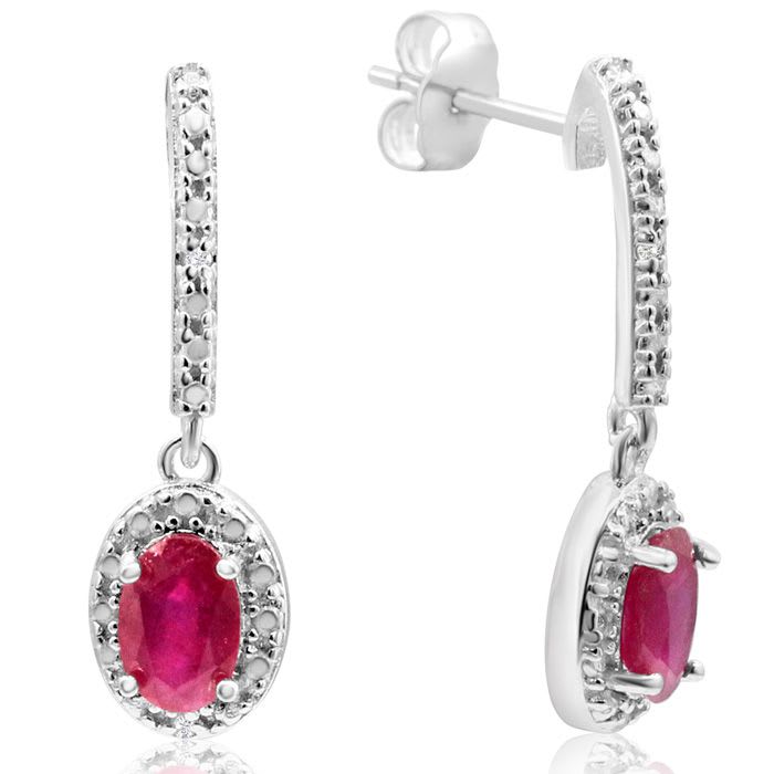 1 1/3ct Ruby and Diamond Oval Drop Earrings In Sterling Silver