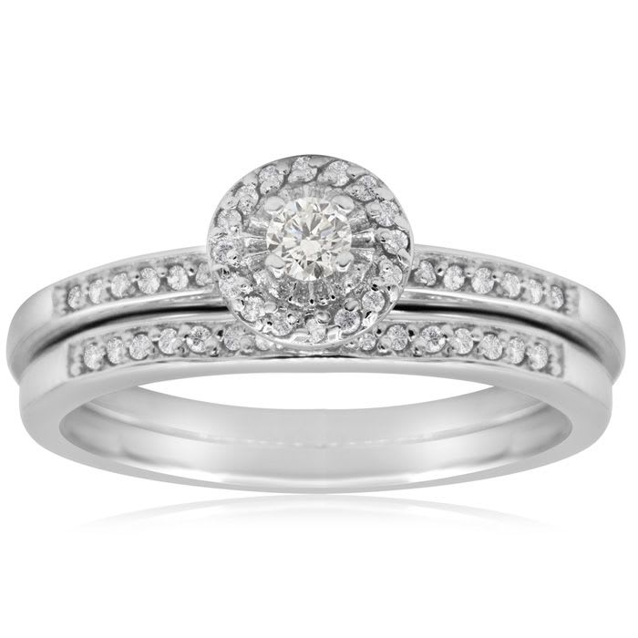 1/4ct Pave Diamond Bridal Set, Round Brilliant Center In Sterling Silver