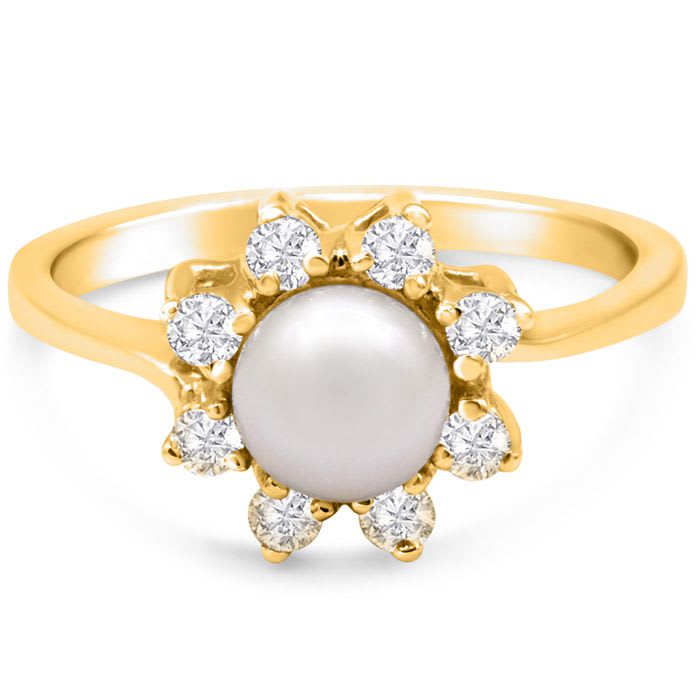 Round Freshwater Cultured Pearl and 1/3 Carat Halo Diamond Ring In 14 Karat Yellow Gold
