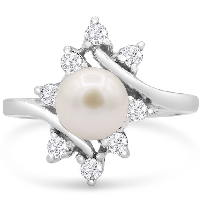 Round Freshwater Cultured Pearl and Halo Diamond Ring In 14 Karat White Gold