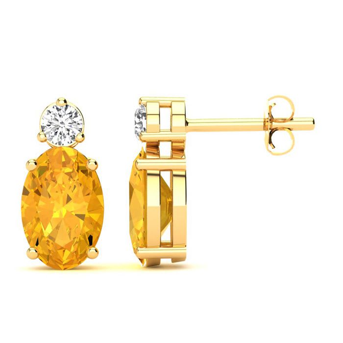 1 Carat Oval Citrine and Diamond Stud Earrings In 14 Karat Yellow Gold